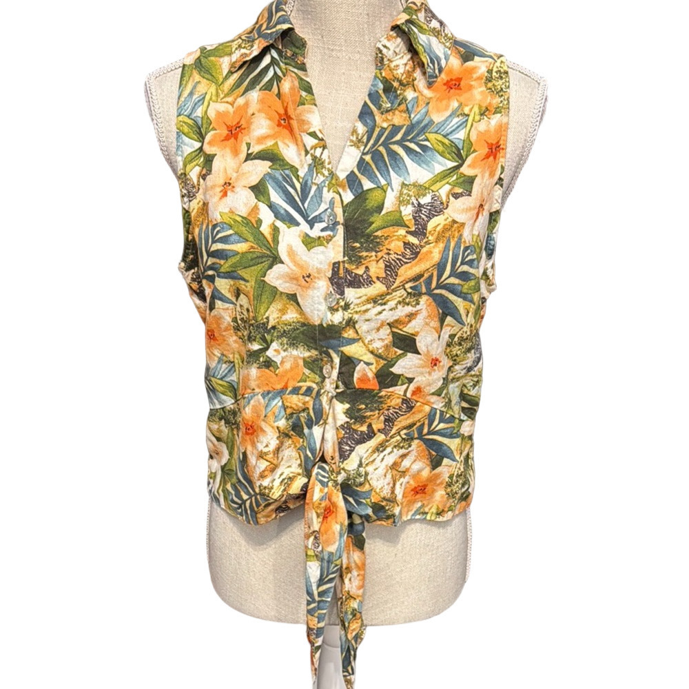 Panama Jack Hawaiin Tropical Sleeveless Tie-Front Blouse - Picture 2 of 4